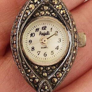 Sterling Silver Anjuli Womens Bracelet Quartz Watch Marcasite